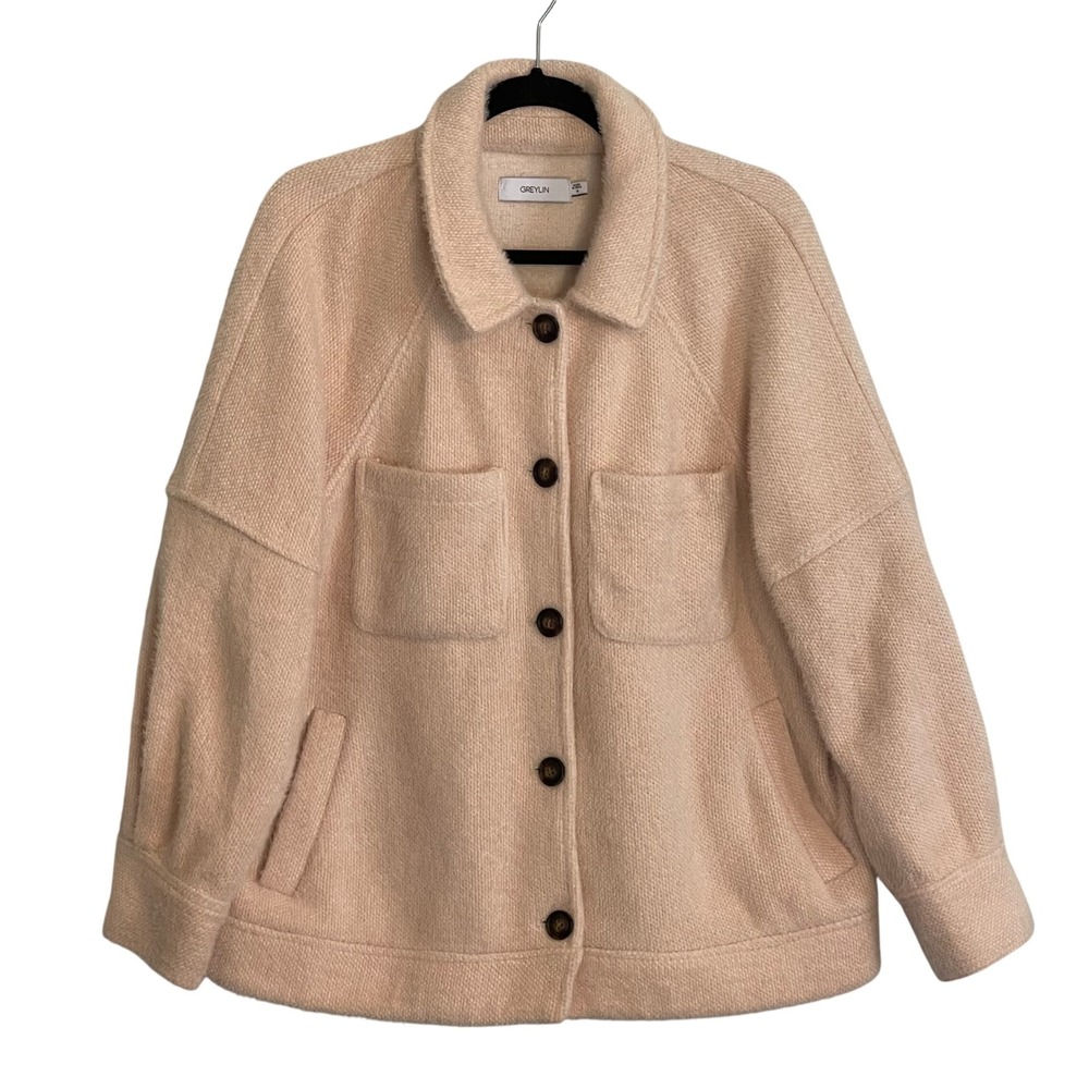 Greylin Cream Textured Knit Button‎ Front Oversized Shacket Jacket Womens Medium
